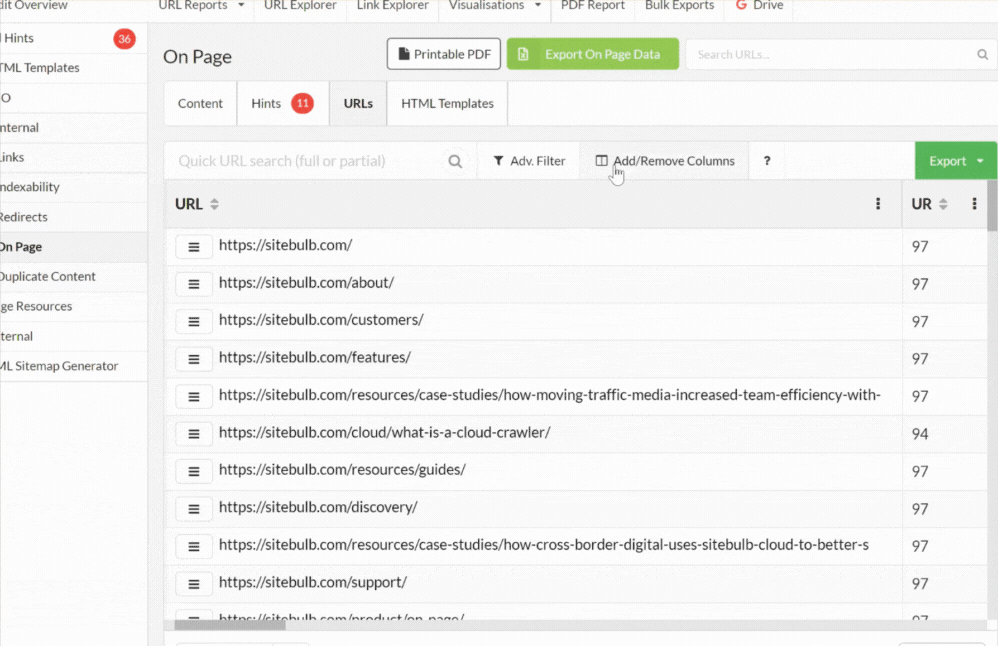 Adding columns to URLs list view