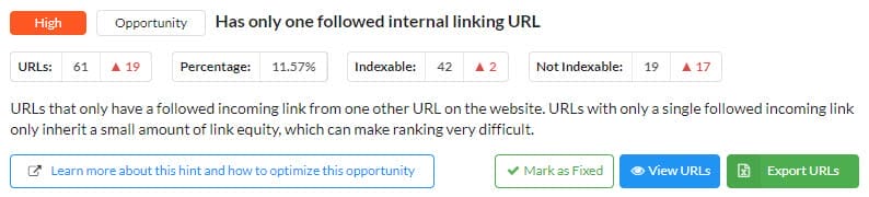 only one followed internal linking URL - Sitebulb hint screenshot