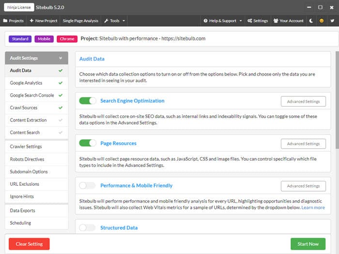 Sitebulb audit settings