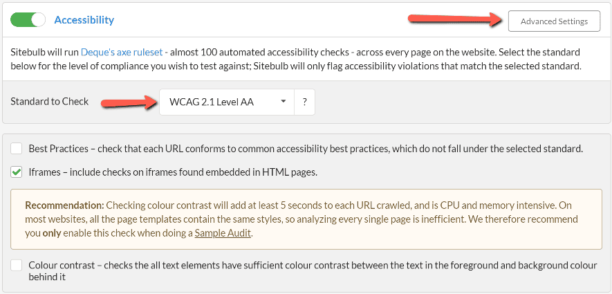 Enabling accessibility audit and choosing standard