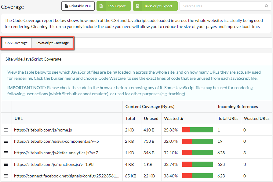 CSS and JS coverage tabs