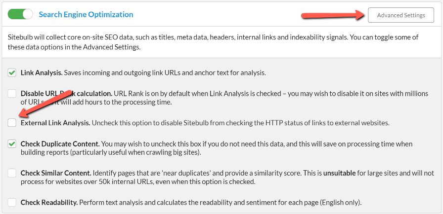 Disabling External Link Analysis in Search Engine Optimisation Advanced Settings