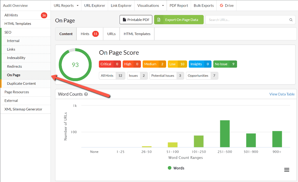 Finding the on-page report