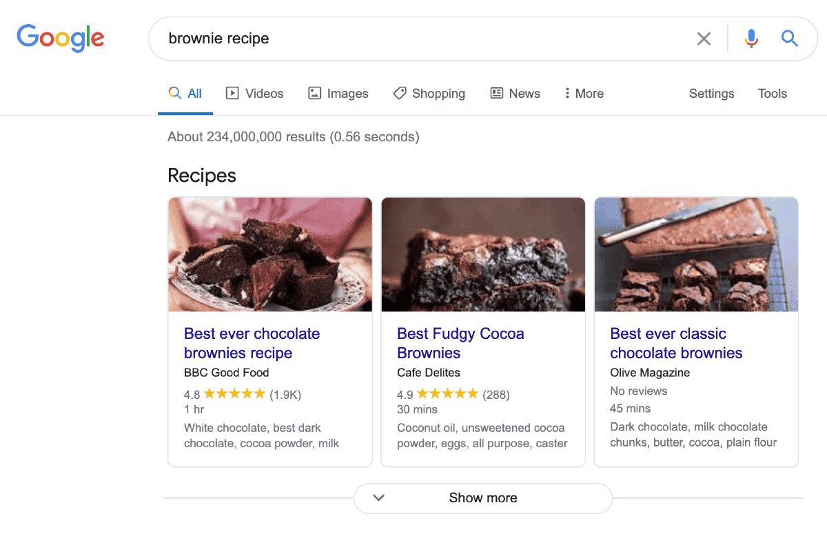 Recipe rich result example Google SERP