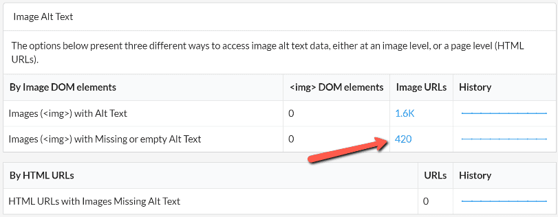 On Page report alt text data