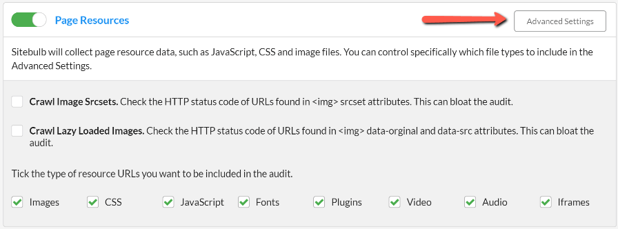 Page Resources Advanced Settings