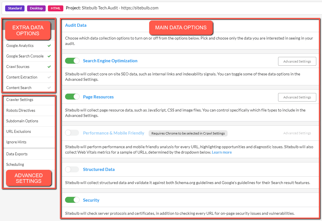 Sitebulb Data Options