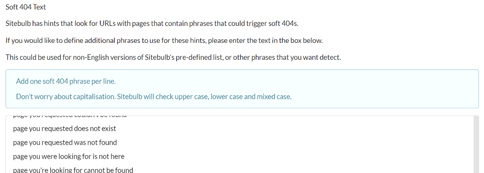 Soft 404 text settings