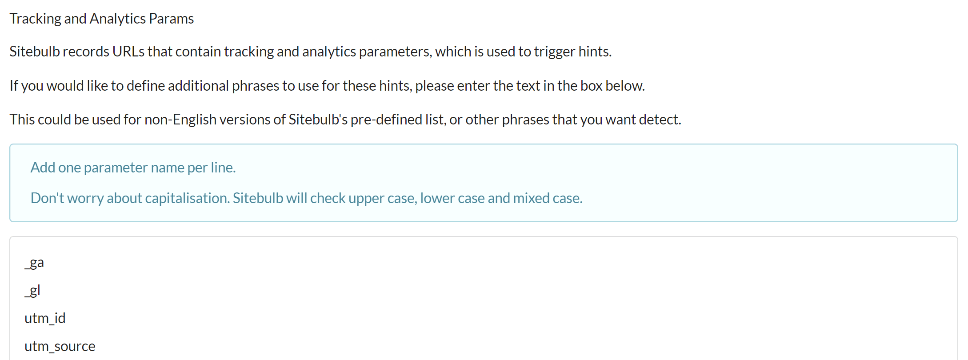 Tracking and Analytics Parameters text settings