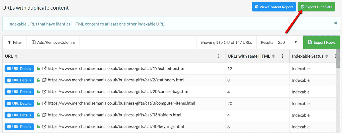 Export duplicate content