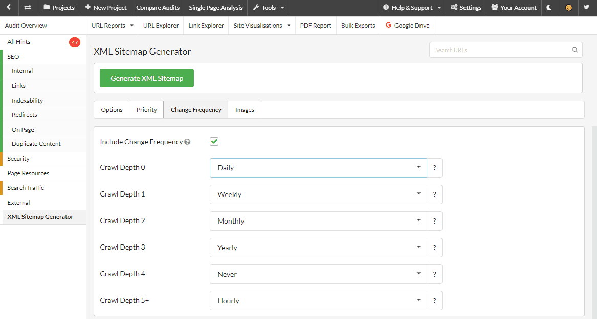 XML Sitemaps generator frequency settings