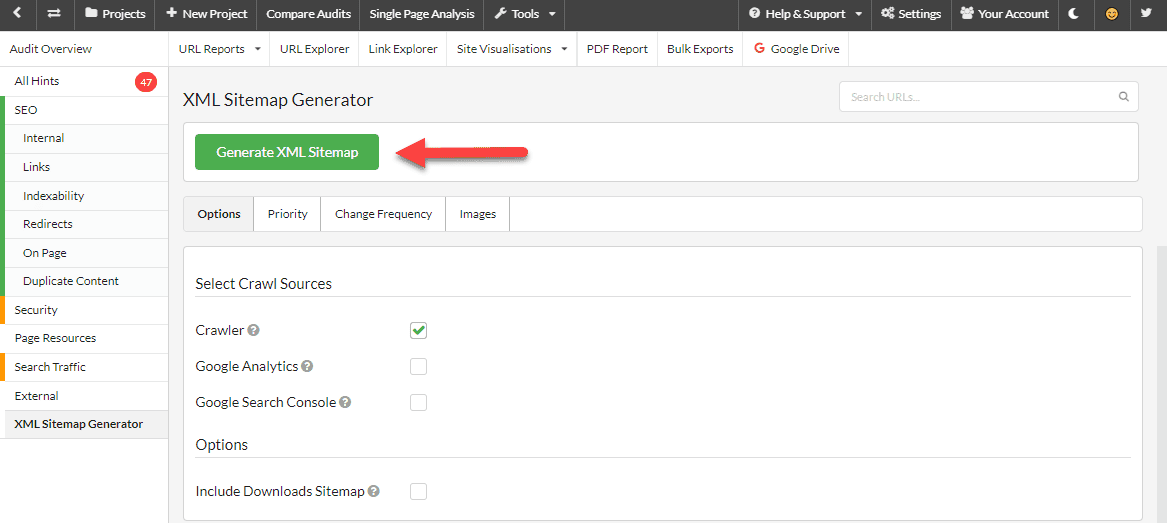 How to generate an XML Sitemap in Sitebulb