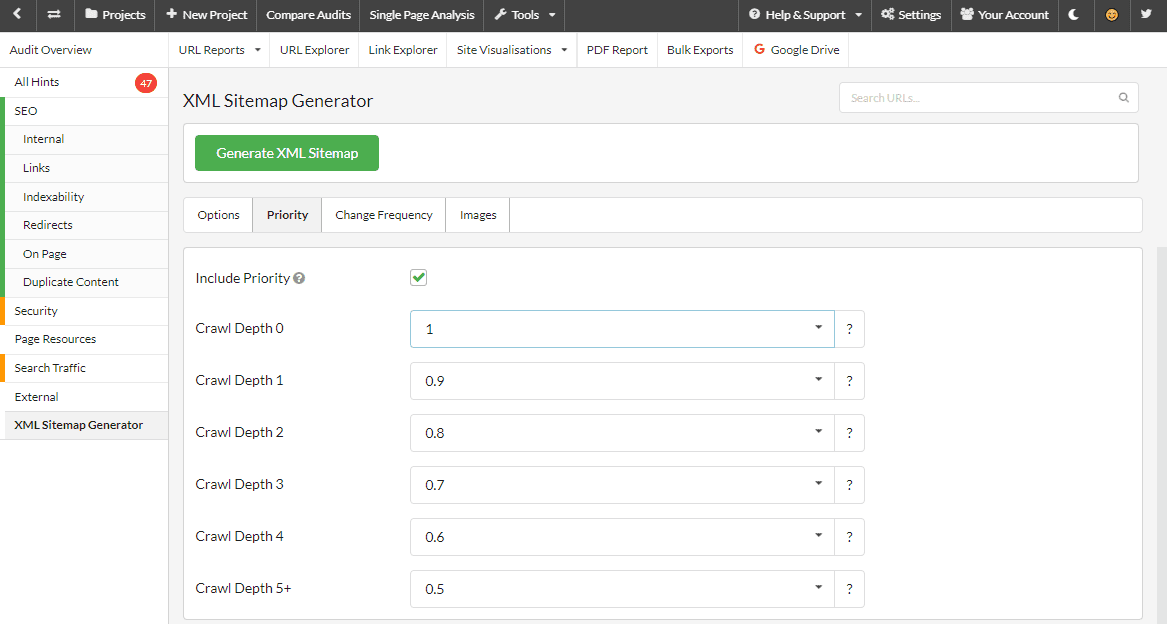 XML Sitemap generator priority settings